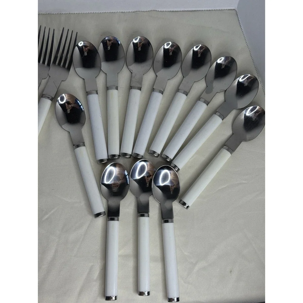 Pier 1 Imports Flatware Set 29 Pc‎ White Handle Stainless Steel Taiwan Vintage